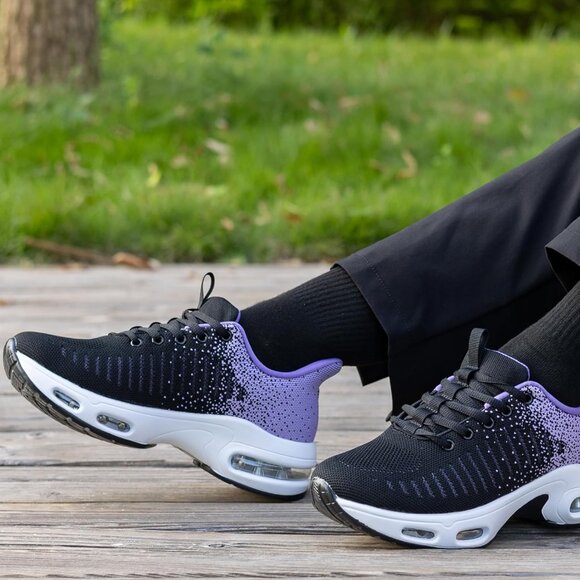 Women Black Purple Running Shoes Tennis Sneakers with Arch Support for Workout - Picture 6 of 6